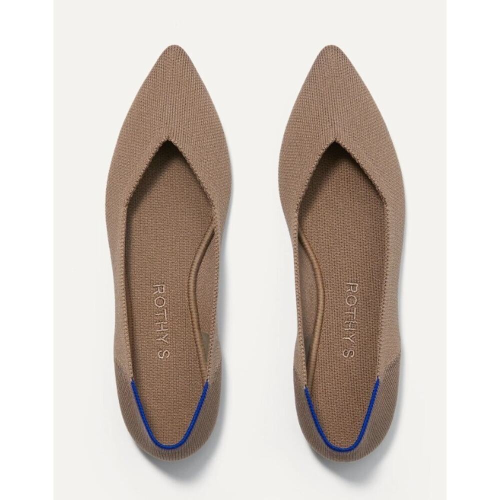 Rothy's Pointed Toe Flats in Taupe with Blue Trim